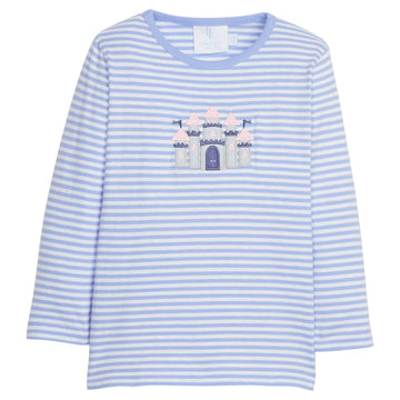 Little English traditional children's clothing. Blue and white striped t-shirt with applique castle for girls for Fall