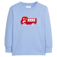 Little English traditional clothing, light blue knit long sleeve shirt with fire truck applique on chest for little boy