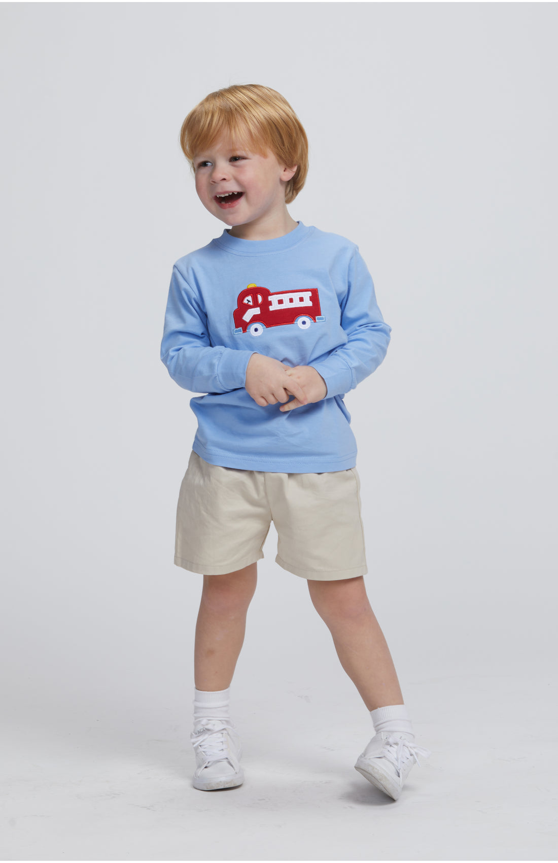 Little English traditional clothing, light blue knit long sleeve shirt with fire truck applique on chest for little boy