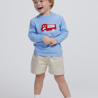 Little English traditional clothing, light blue knit long sleeve shirt with fire truck applique on chest for little boy