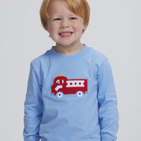 Little English traditional clothing, light blue knit long sleeve shirt with fire truck applique on chest for little boy with basic short in pebble twill