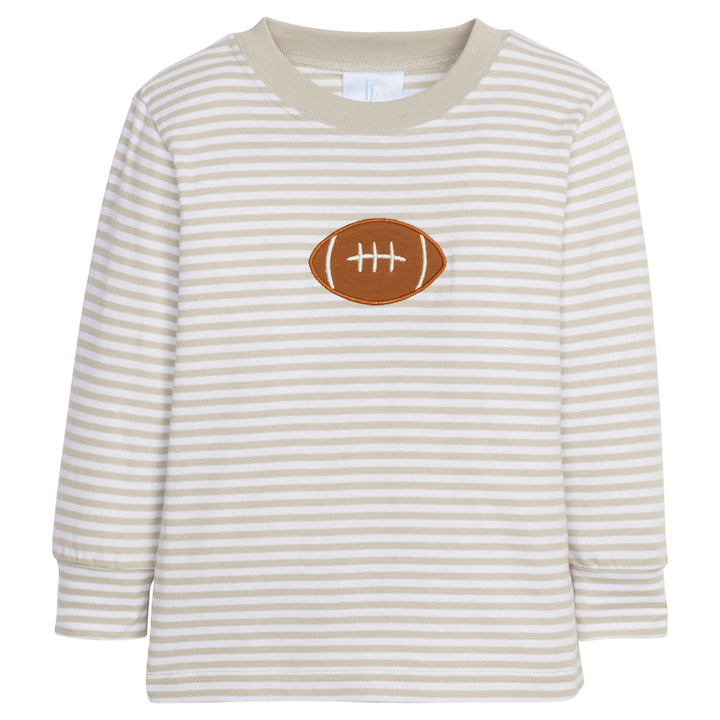 Little English traditional children's clothing. Tan and white striped t-shirt with applique football for little boys for Fall