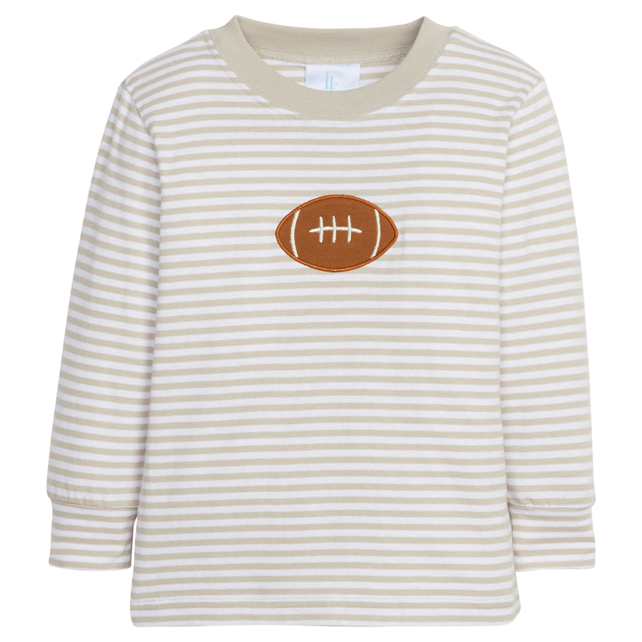 Little English traditional children's clothing. Tan and white striped t-shirt with applique football for little boys for Fall