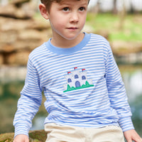 Little English traditional children's clothing. Blue and white striped t-shirt with applique fort for boys for Fall