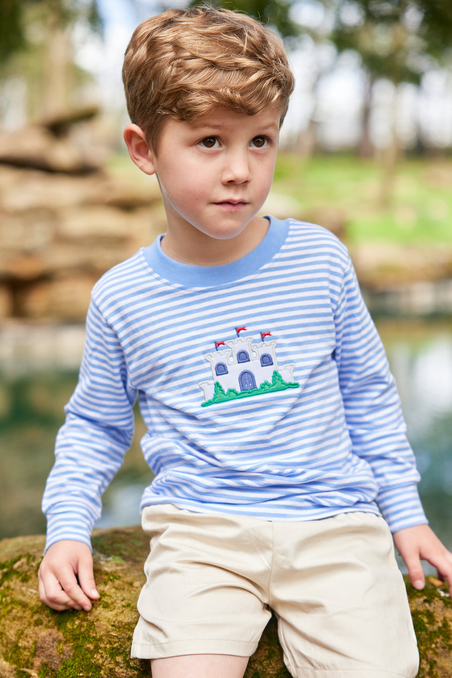 Little English traditional children's clothing. Blue and white striped t-shirt with applique fort for boys for Fall