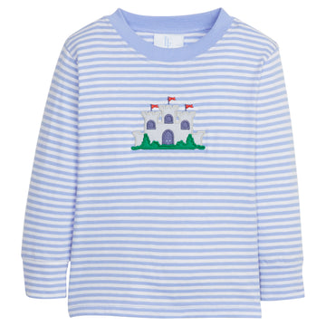 Little English traditional children's clothing. Blue and white striped t-shirt with applique fort for boys for Fall