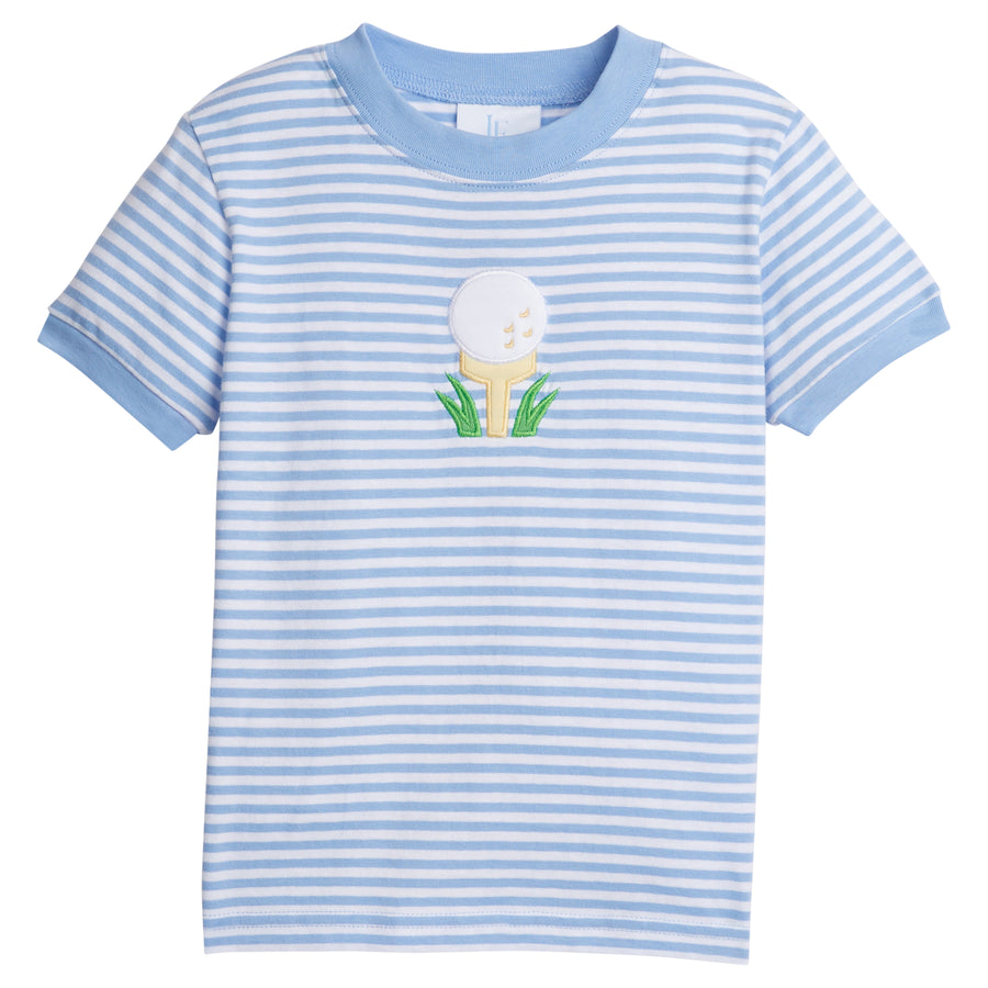 Little English traditional children's clothing. Boy's blue and white stripe t-shirt with golf applique for Spring