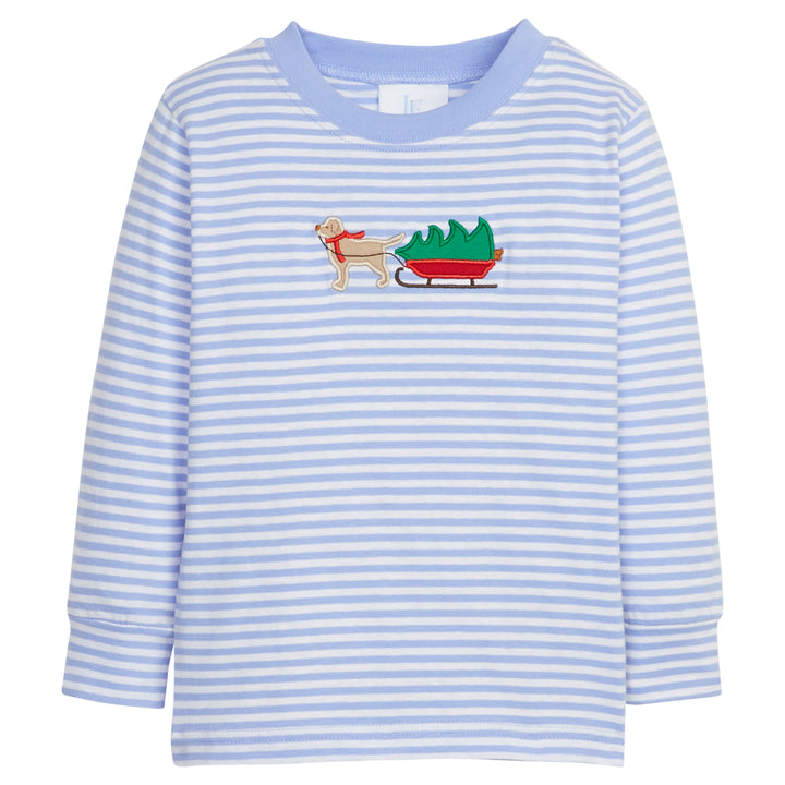 Little English traditional clothing, light blue and white stripe long sleeve knit shirt with holiday lab applique on chest