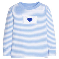 Little English traditional clothing, light blue and white stripe long sleeve knit shirt with love letter applique on chest for little boy