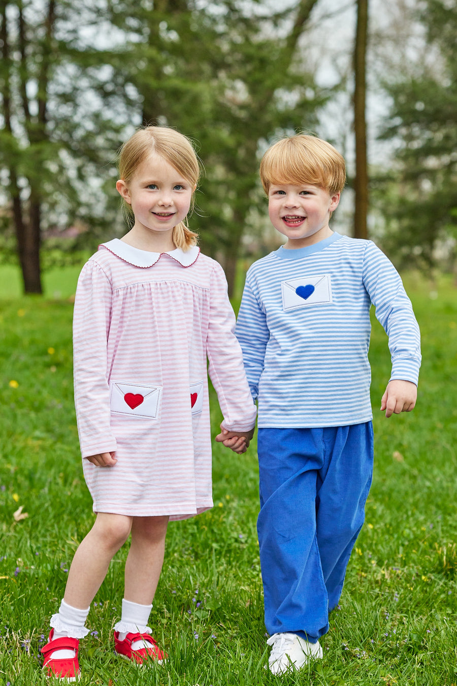 Little english traditional children's clothing, Evelyn dress in light pink and white stripe with love letter applique for little girl 