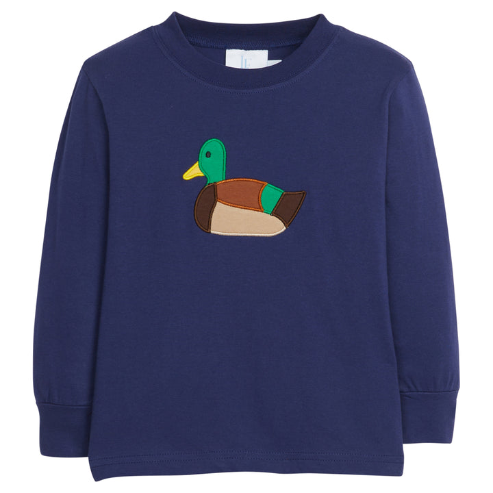 Little English traditional clothing, navy long sleeve knit shirt with mallard applique on chest for little boy