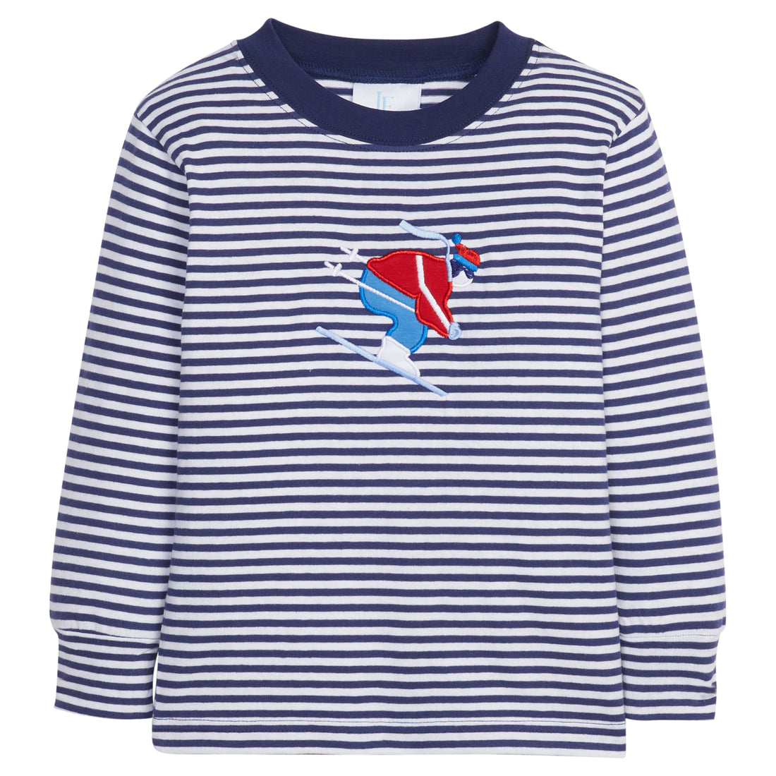 Little English traditional clothing, navy and white stripe long sleeve knit shirt with ski applique on chest