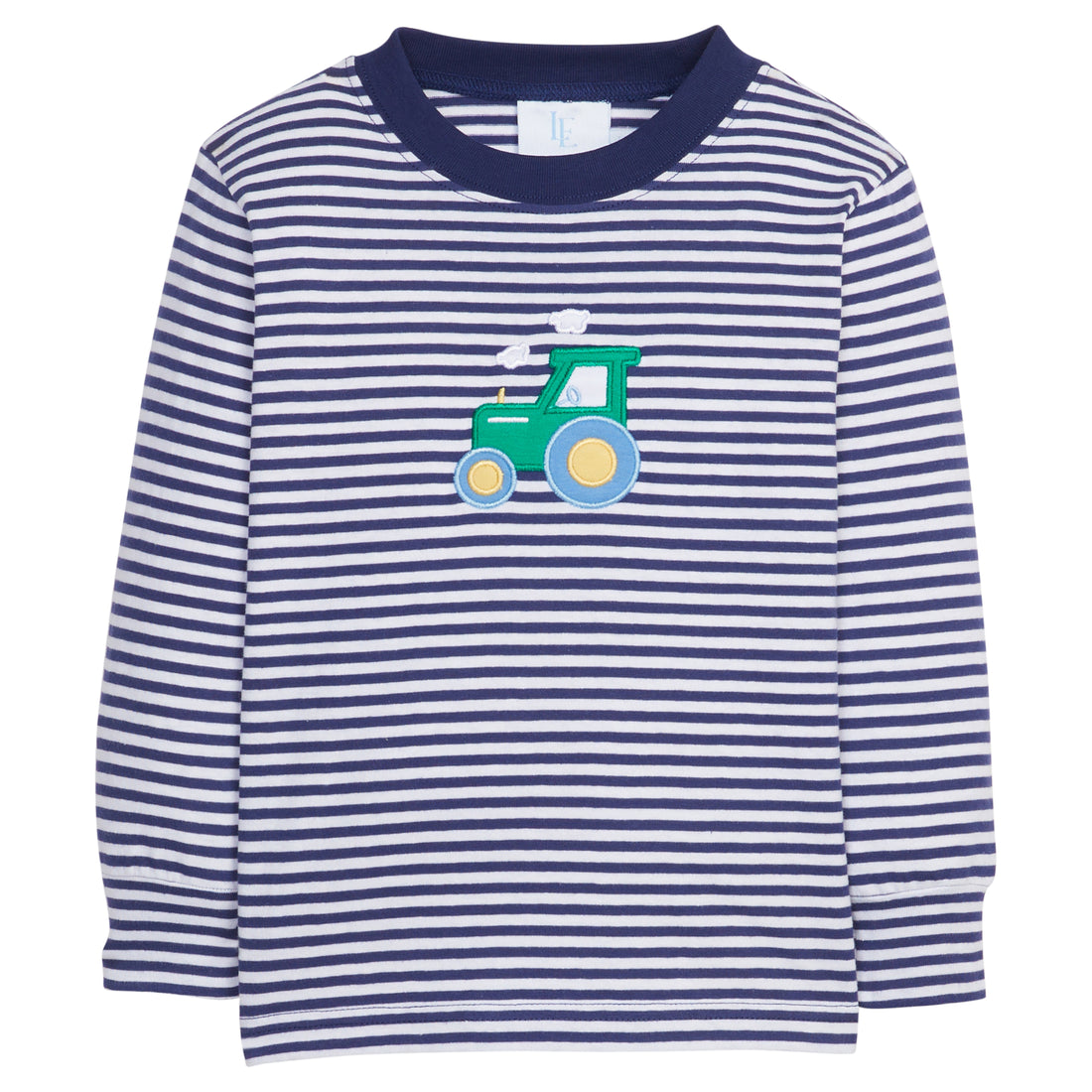 Little English traditional clothing, navy and white stripe long sleeve knit shirt with tractor applique on chest for little boy