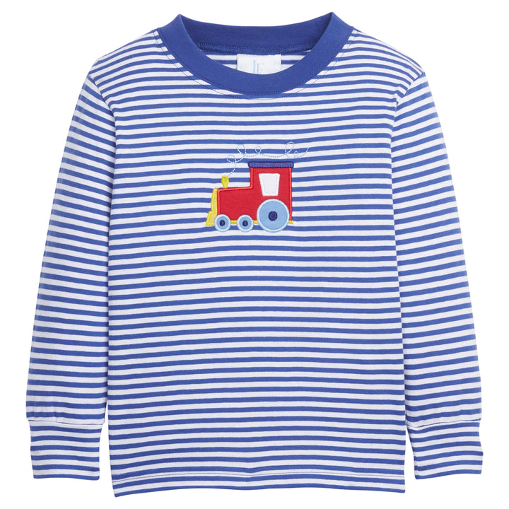 Little English traditional clothing, blue and white stripe long sleeve knit shirt with train applique on chest for little boy