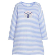 Little English traditional children's clothing. Blue and white striped t-shirt dress with applique castle for girls for Fall