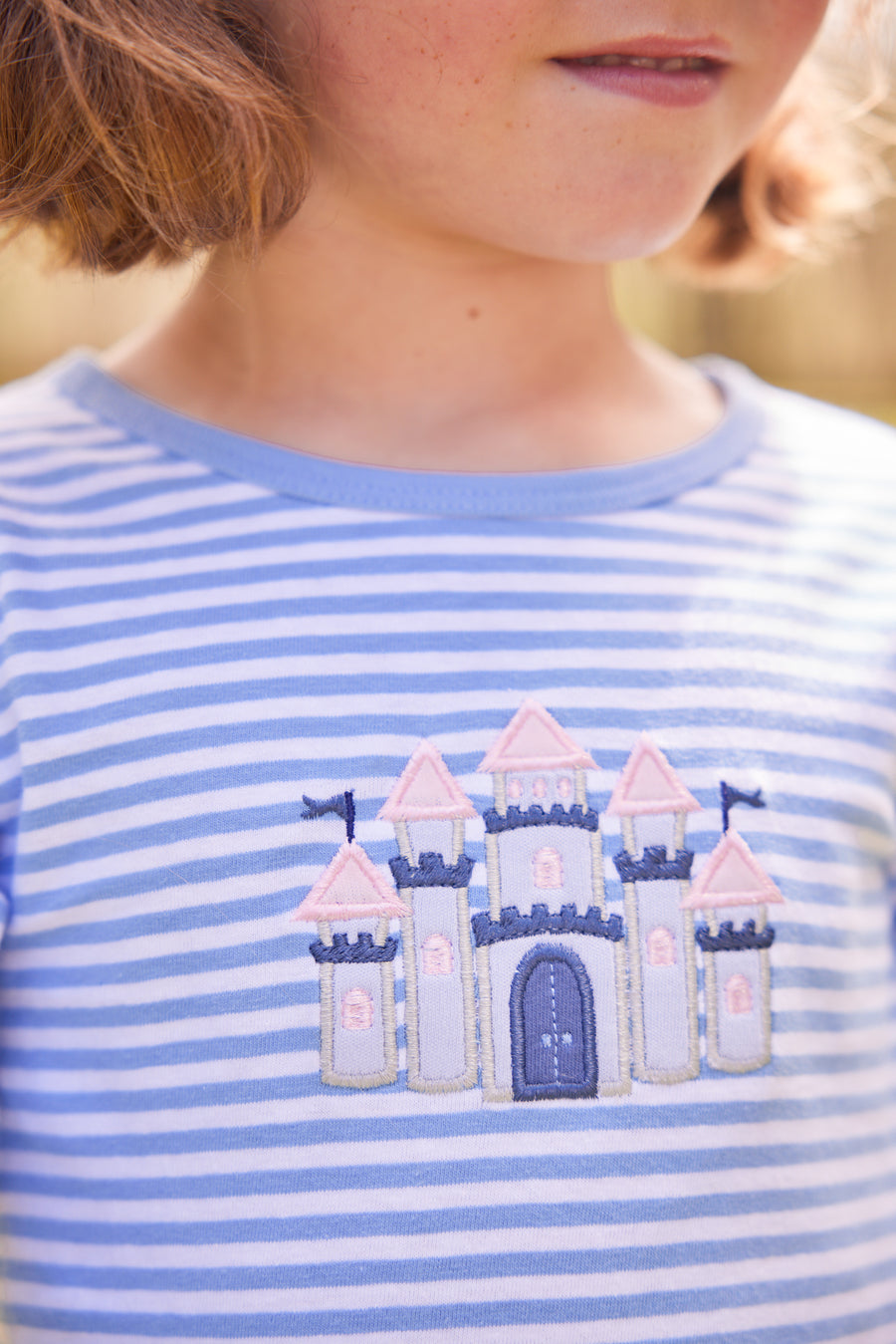 Little English traditional children's clothing. Blue and white striped t-shirt dress with applique castle for girls for Fall