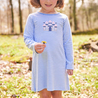 Little English traditional children's clothing. Blue and white striped t-shirt dress with applique castle for girls for Fall