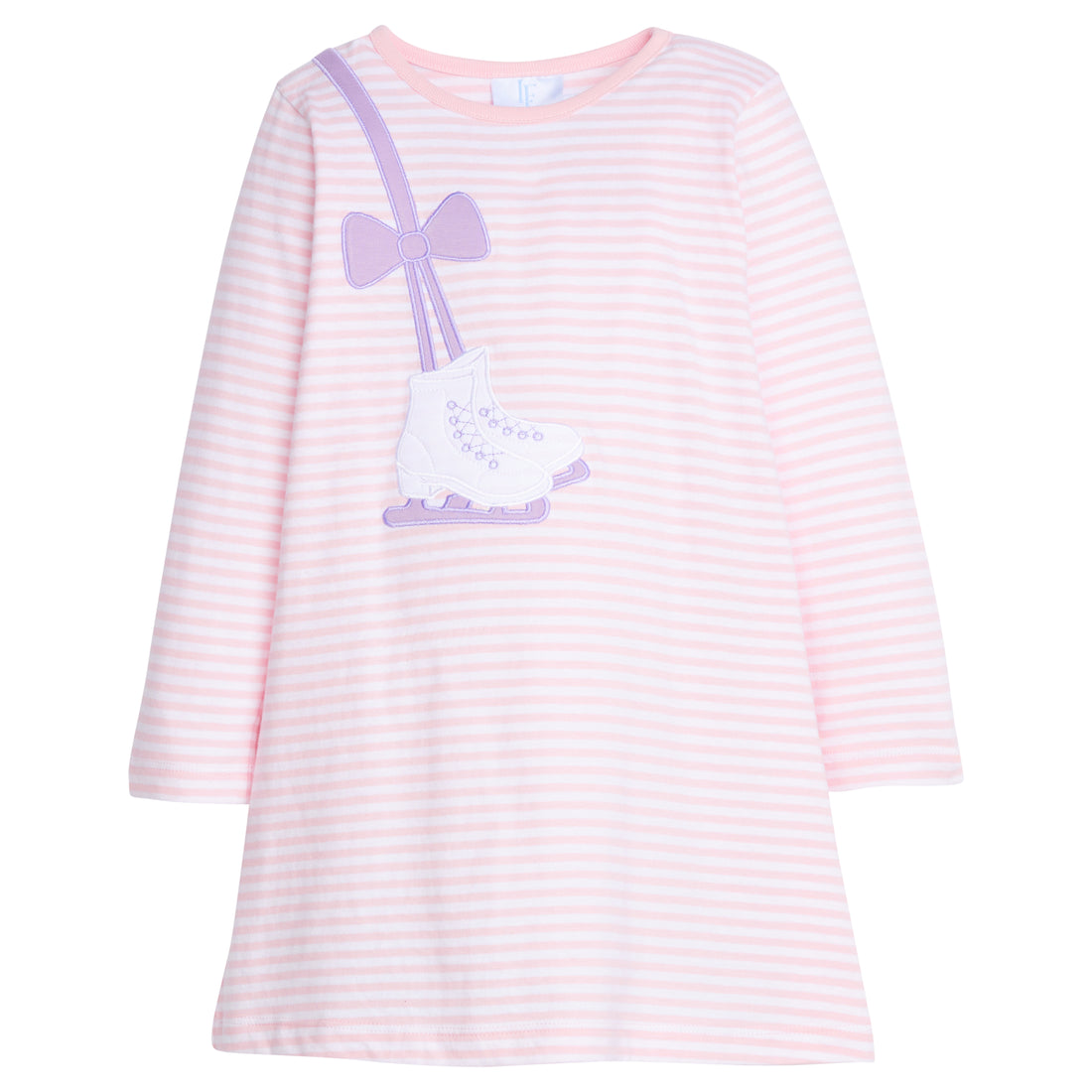 Little English traditional clothing, Light pink and white stripe long sleeve knit shirt dress with ice skate applique over the right shoulder for little girl