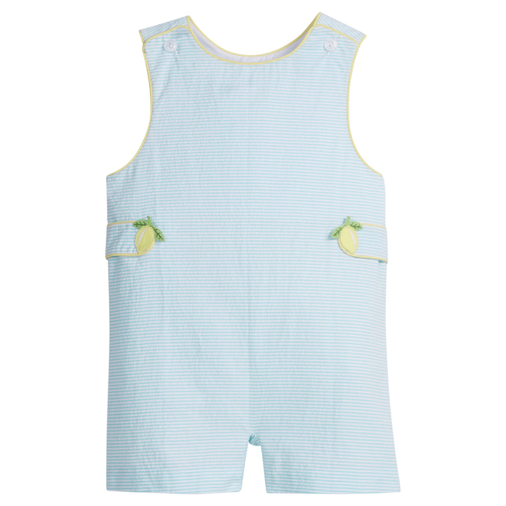 Little English traditional children's clothing.  Toddler boy's aqua blue and white stripe seersucker john john with lemon applique