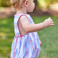 Little English traditional children's clothing.  Boy's red, white and blue seersucker stripe bubble for spring