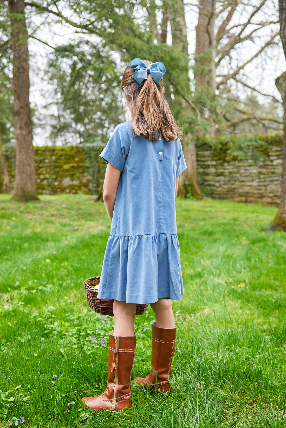 Little English traditional clothing, asymmetrical jillian dress in stormy blue corduroy for little girl