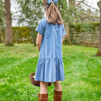 Little English traditional clothing, asymmetrical jillian dress in stormy blue corduroy for little girl