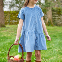 Little English traditional clothing, asymmetrical jillian dress in stormy blue corduroy for little girl