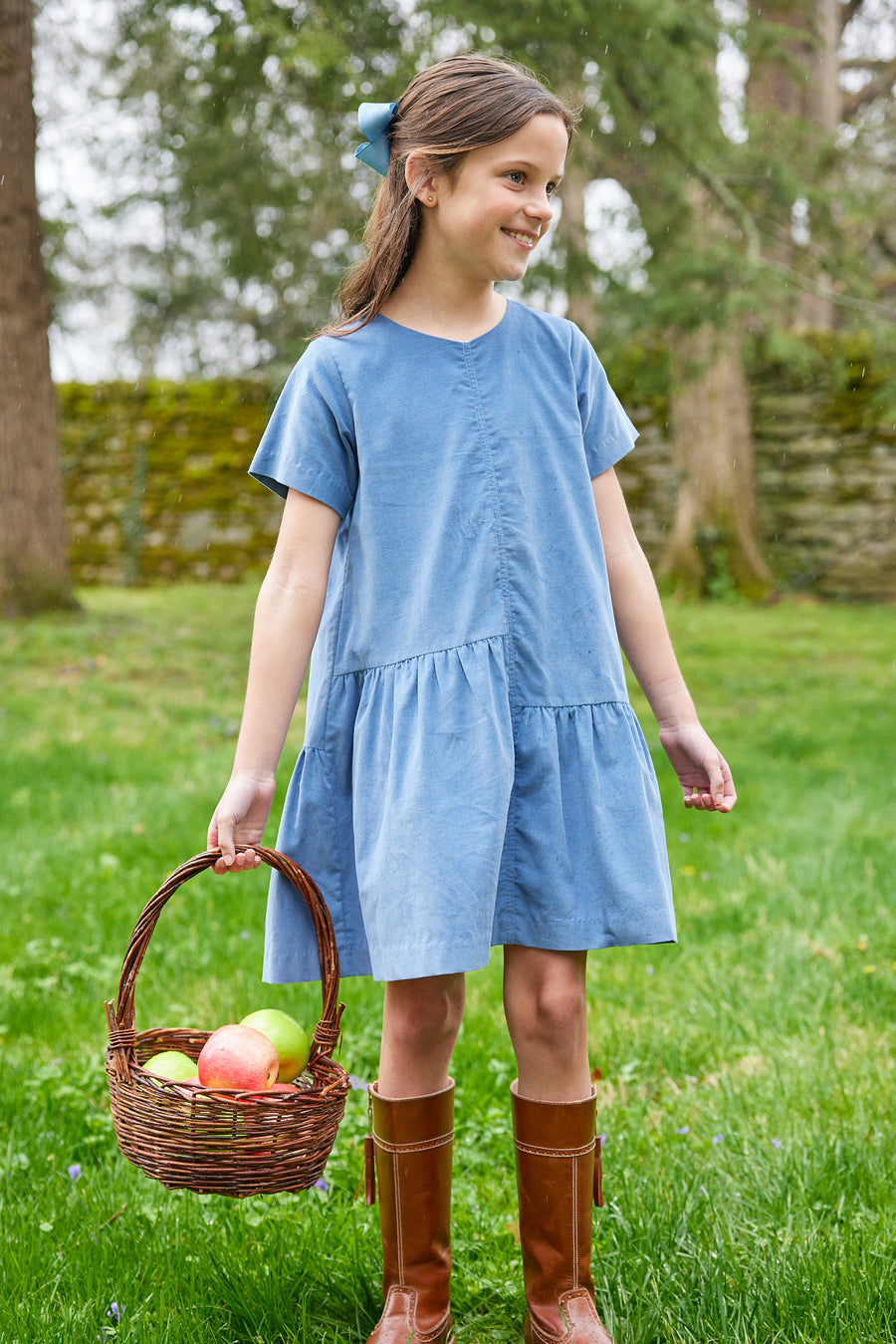 Little English traditional clothing, asymmetrical jillian dress in stormy blue corduroy for little girl