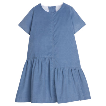 Little English traditional clothing, asymmetrical jillian dress in stormy blue corduroy for little girl