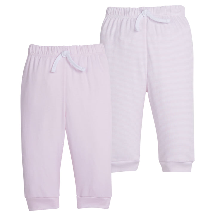 Little English traditional children's clothing.  Light pink and white set of knit baby joggers for girls