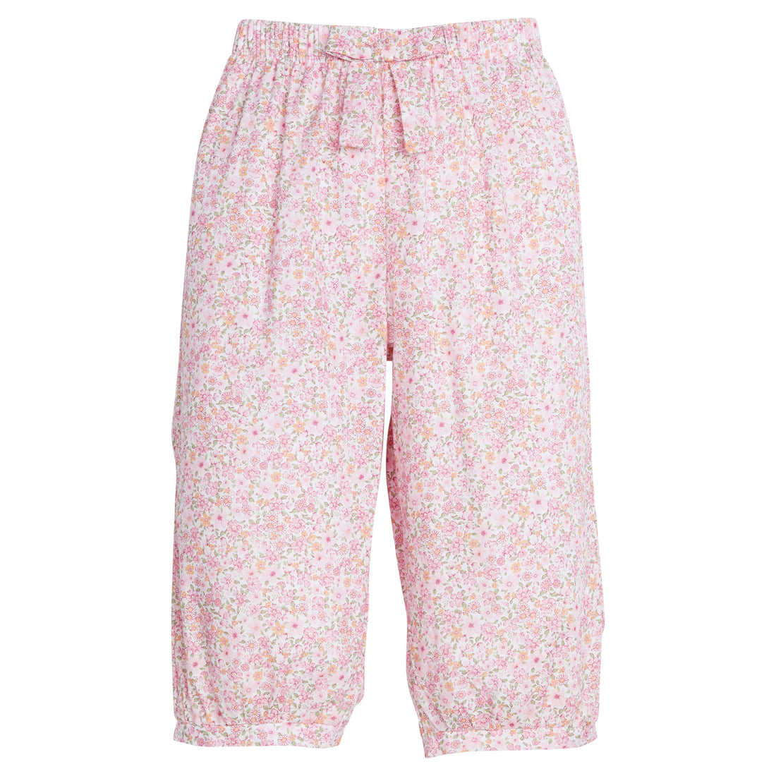 Little English traditional childrens clothing, banded bow pant in pink and orange oakleigh floral pattern for little girl