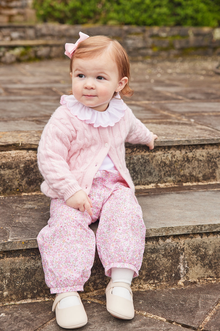 little english classic childrens clothing girls white long sleeve onesie with light pink scalloped collar