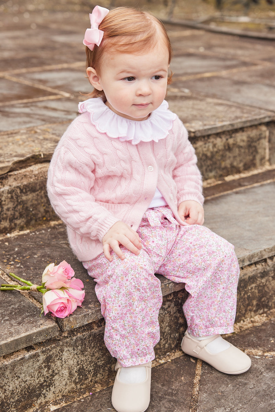 little english classic childrens clothing girls white long sleeve onesie with light pink scalloped collar