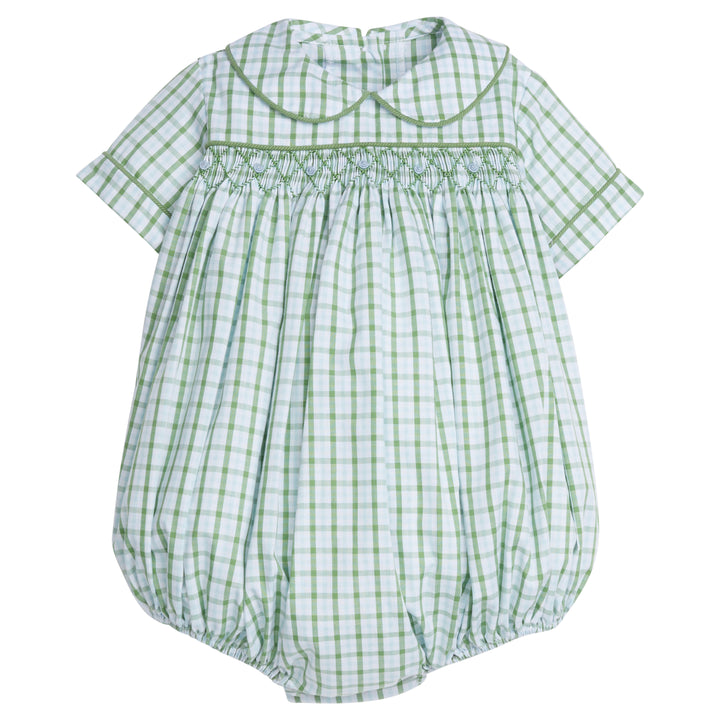 Little English traditional children's clothing.  Smocked green plaid bubble for baby boy for Fall.
