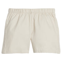 Little English traditional children's clothing, toddler boys elastic waist pull on khaki shorts, above the knee cut