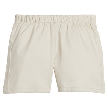 Little English traditional children's clothing, toddler boys elastic waist pull on khaki shorts, above the knee cut