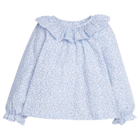 Little English traditional clothing, bespoke blouse with long sleeves in blue vinings pattern, ruffle around neck and sleeve cuffs, for little girl 