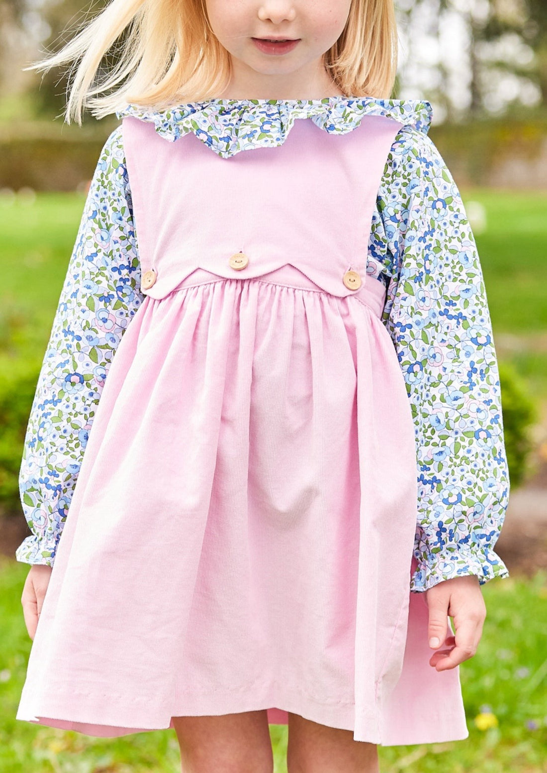 Little English traditional clothing, button panel jumper in light pink corduroy pattern for little girl