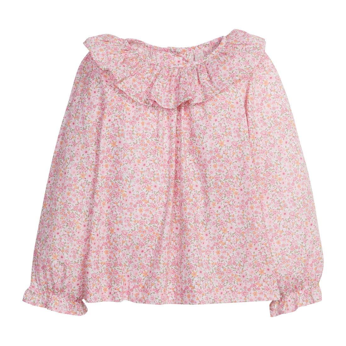 Little English traditional clothing, bespoke blouse with long sleeves in pink and orange oakleigh floral, ruffle around neck and sleeve cuffs, for little girls