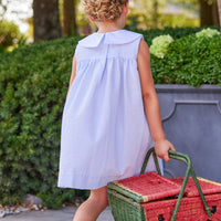 Little English traditional children's clothing.  Girl's light blue and white stripe seersucker dress with flag applique for summer.  Girl's 4th of July outfit