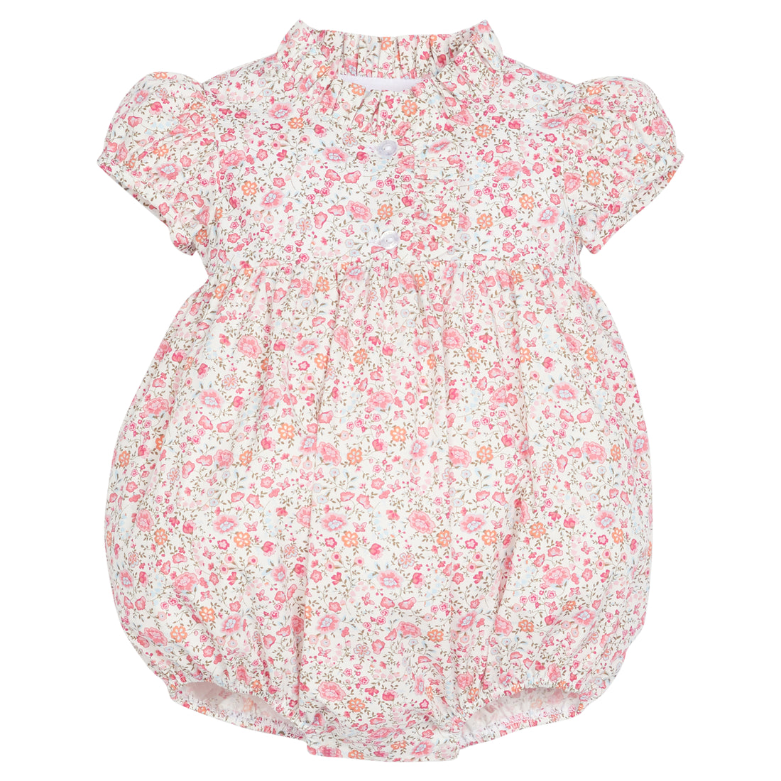 little english classic childrens clothing baby girls short sleeve pink floral bubble with ruffled neckline and short sleeves