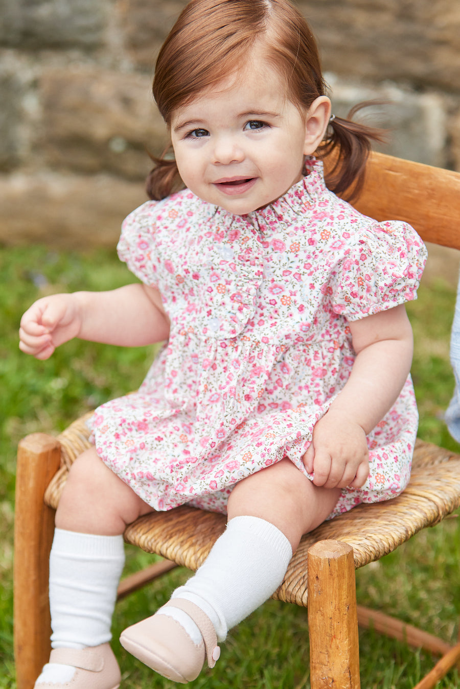 little english classic childrens clothing baby girls short sleeve pink floral bubble with ruffled neckline and short sleeves