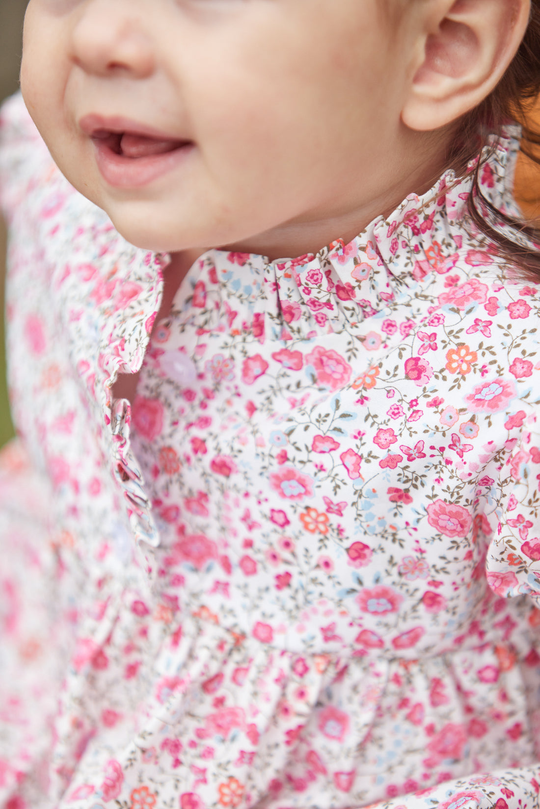 little english classic childrens clothing baby girls short sleeve pink floral bubble with ruffled neckline and short sleeves