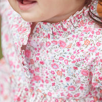 little english classic childrens clothing baby girls short sleeve pink floral bubble with ruffled neckline and short sleeves