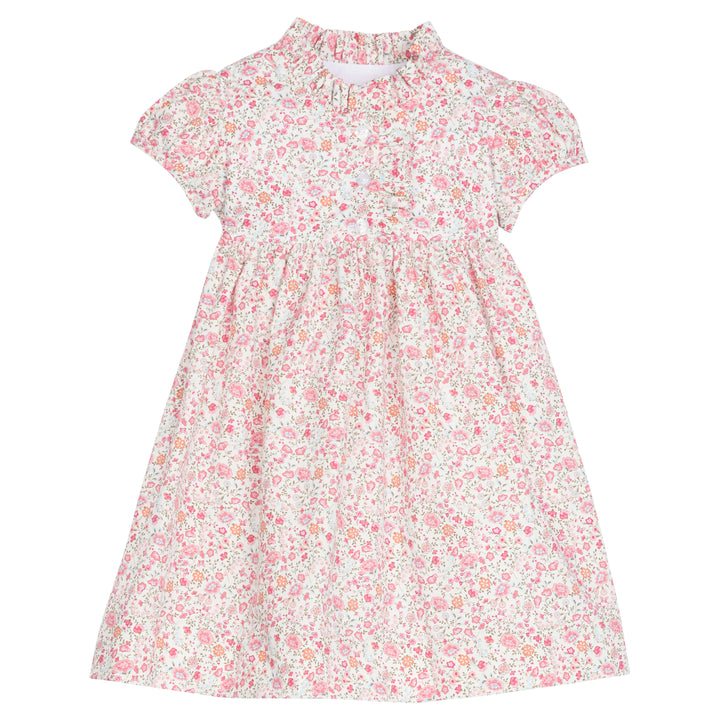 little english classic childrens clothing girls short sleeve pink floral dress with ruffled neckline and short sleeves