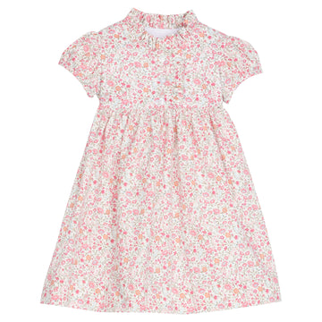 little english classic childrens clothing girls short sleeve pink floral dress with ruffled neckline and short sleeves