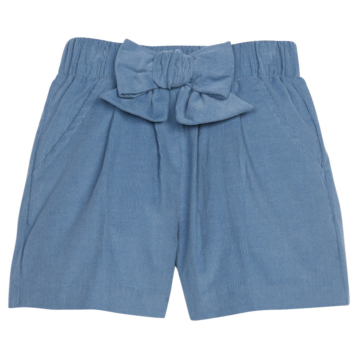 Little English traditional clothing, banded short in stormy blue corduroy with pockets and center bow on waistband for little girl