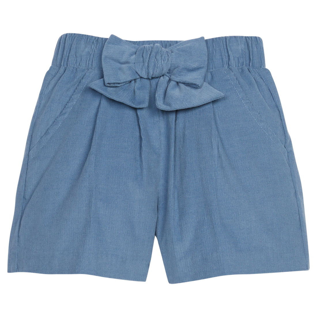 Little English traditional clothing, banded short in stormy blue corduroy with pockets and center bow on waistband for little girl