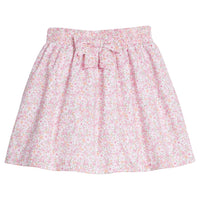 Little English traditional clothing, smocked skirt in pink and orange oakleigh floral pattern, smocked waistband with bow in center for little girl