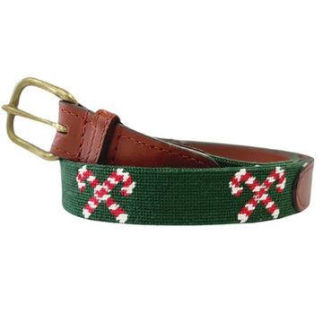 Little English x Smathers and Branson boy's needlepoint belt with crossed candy canes on a green background for fall.  Holiday belt for boys